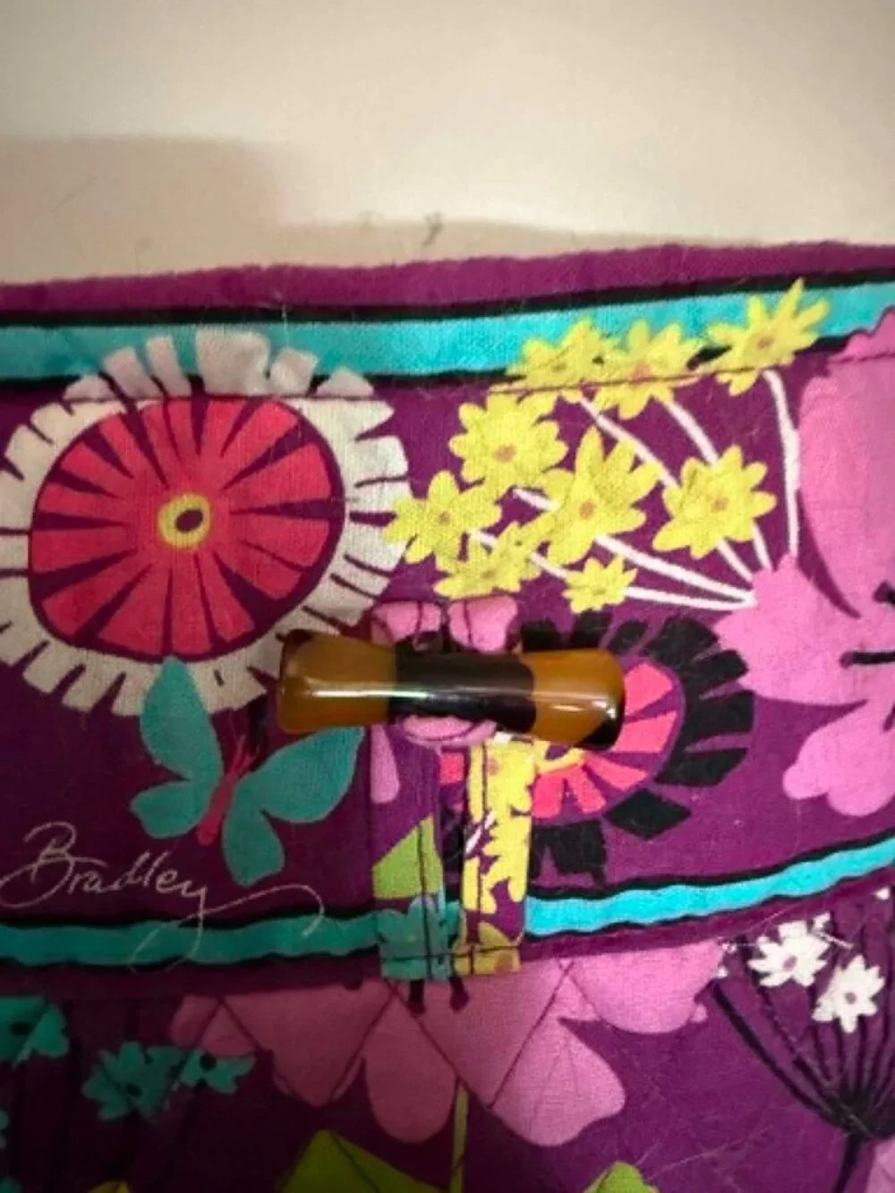 Vera Bradley Vera Tote Purple Flutterby Bag with Horn Toggle Button